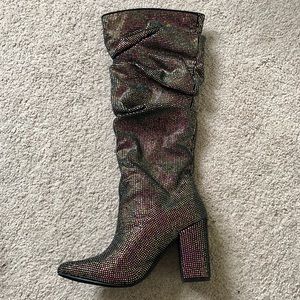Iridescent Shiny Slouchy Knee High Boots